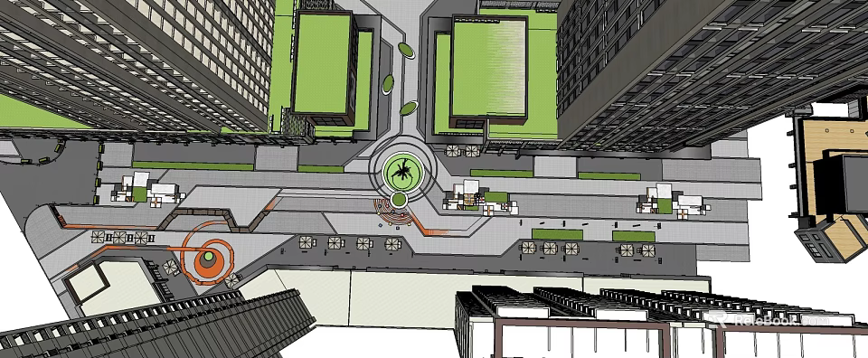 Commercial Street Design with Tall Buildings Central Plaza and Landscaped Green Spaces 3d model 