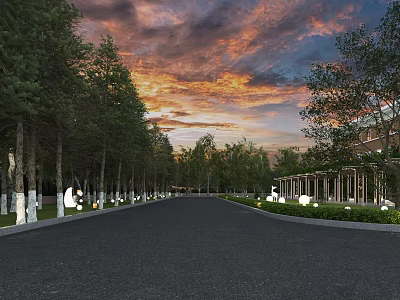 Beautiful Garden Landscape With Neat Tree Lined Avenue Under Stunning Colorful Sunset Dusk Scenery 3d model