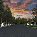 Beautiful Garden Landscape With Neat Tree Lined Avenue Under Stunning Colorful Sunset Dusk Scenery