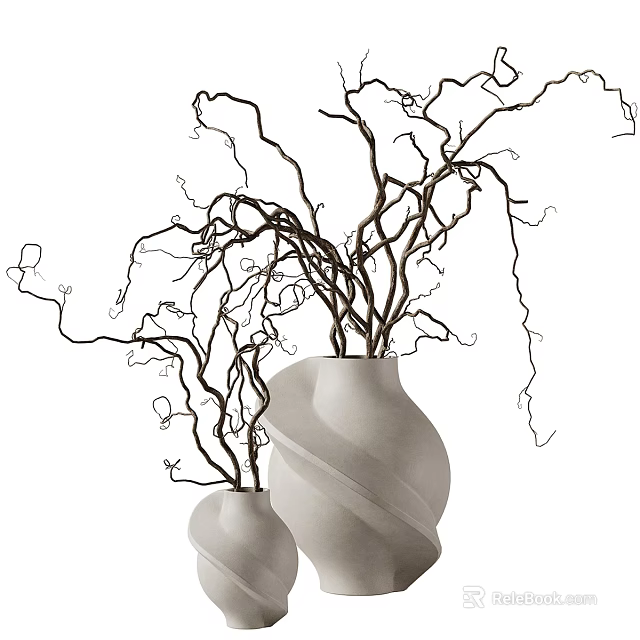 Decorative Ornament Set With White Curved Vases And Black Twisted Branches 3d model 