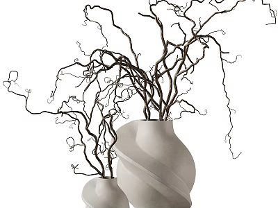 Decorative Ornament Set With White Curved Vases And Black Twisted Branches 3d model