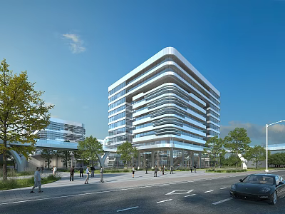 Modern Office Building With Streamlined Glass Facade In Urban Setting With Trees Pedestrians And Road 3d model