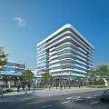 Modern Office Building With Streamlined Glass Facade In Urban Setting With Trees Pedestrians And Road