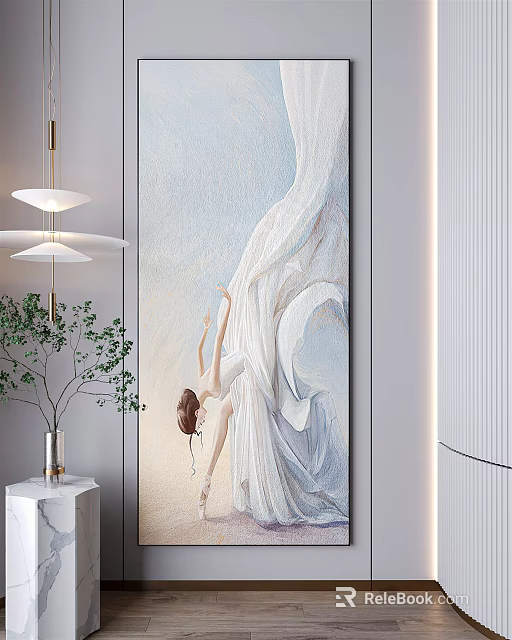 Modern Interior Decor With Elegant Female Figure White Dress Painting And Green Plant 3d model 