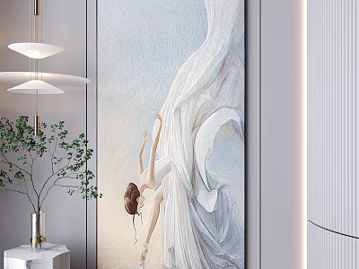 Modern Interior Decor With Elegant Female Figure White Dress Painting And Green Plant 3d model
