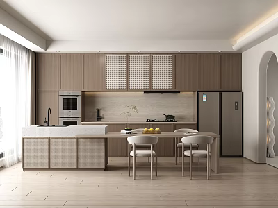 Modern Restaurant Open Kitchen Interior Design With Wooden Cabinets Island Counter Dining Table And Chairs 3d model