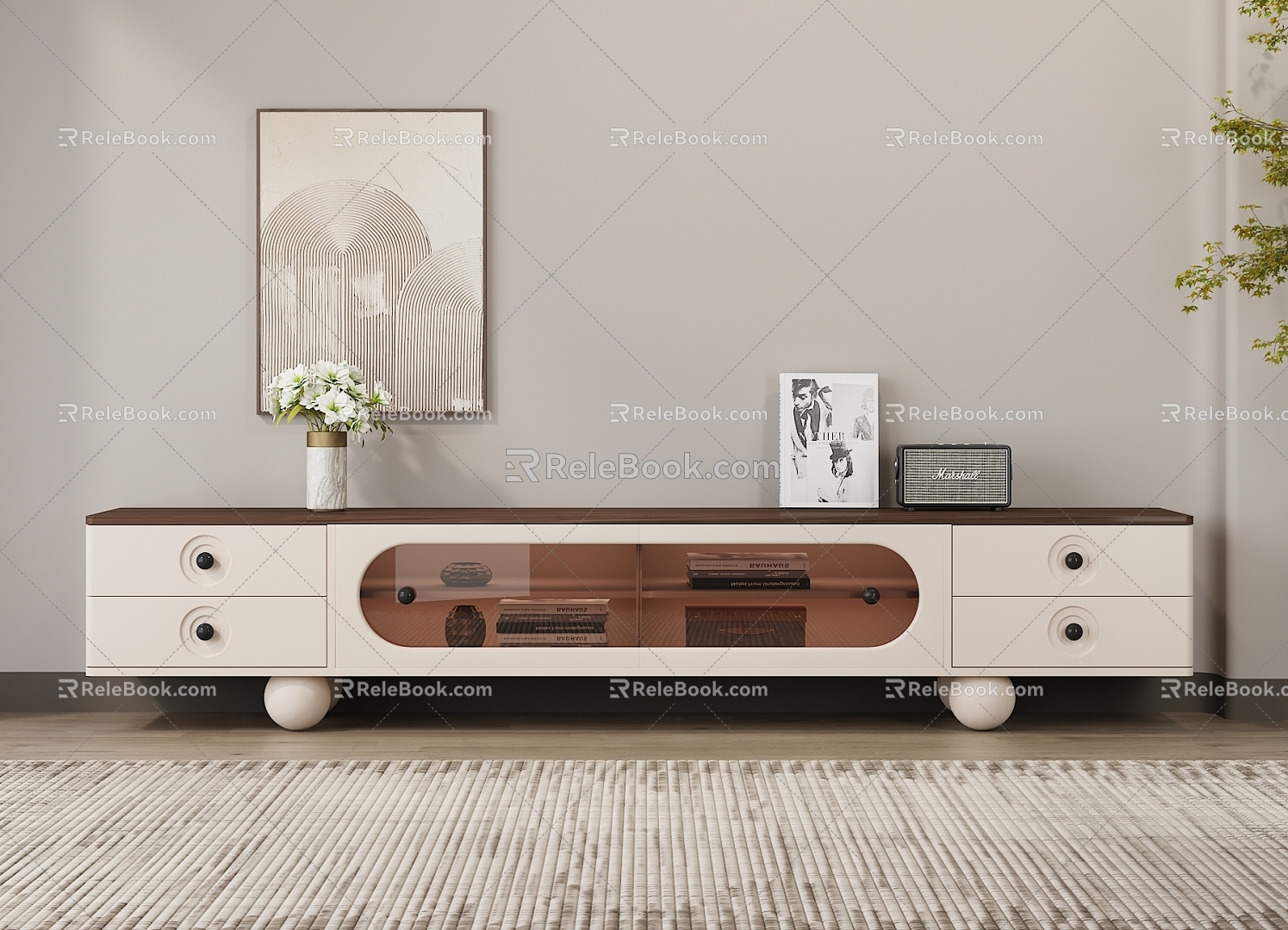 TV Cabinet Cream Style Walnut Modern Tea Glass Smart Vase Audio Hanging Painting Decorative Painting Green Plant Carpet Floor Cabinet Storage Cabinet Cabinet 3d model