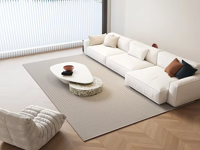 Modern White Sectional Sofa Coffee Table Set With Striped Rug And Throw Pillows 3d model