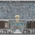 Luxurious Banquet Hall With Blue White Floral Ceiling Grand Chandelier And Decorative Arch