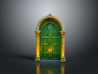 Arched Green Door With Golden Pillars And Intricate Carvings Design 3d model