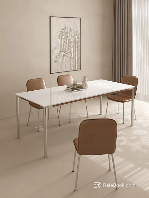 Modern Dining Table Set Featuring White Rectangular Table Four Brown Chairs Wall Art And Curtains 3d model 