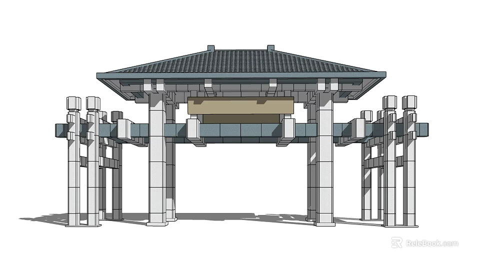 Traditional Chinese Entrance Gate With Classic Roof Columns And Decorative Beam 3d model 