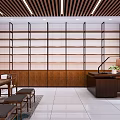 Traditional Office Interior Design With Red Frame Glass Doors Wooden Bookshelves And Bright Tile Flooring