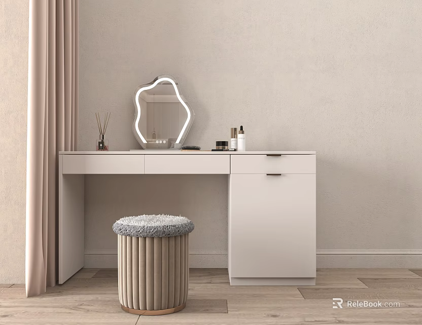 White Modern Dressing Table With Unique Shaped LED Mirror And Plush Stool 3d model