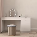 White Modern Dressing Table With Unique Shaped LED Mirror And Plush Stool 3d model