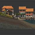 Colorful Houses Miniature Model With Orange Roofs Waterfront Small Boat Dock And Grass Area