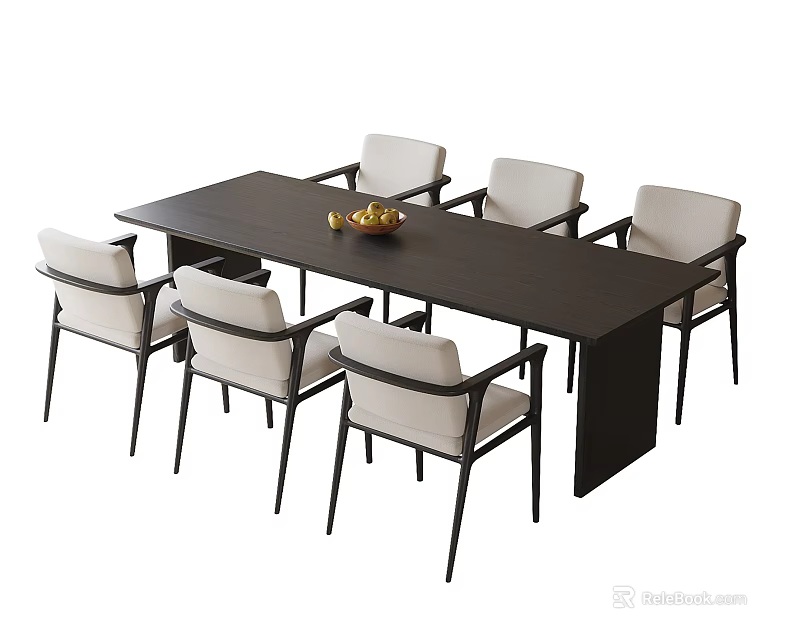 Black Rectangular Dining Table Set With Six Light Cushioned Metal Leg Chairs And Fruit Bowl 3d model