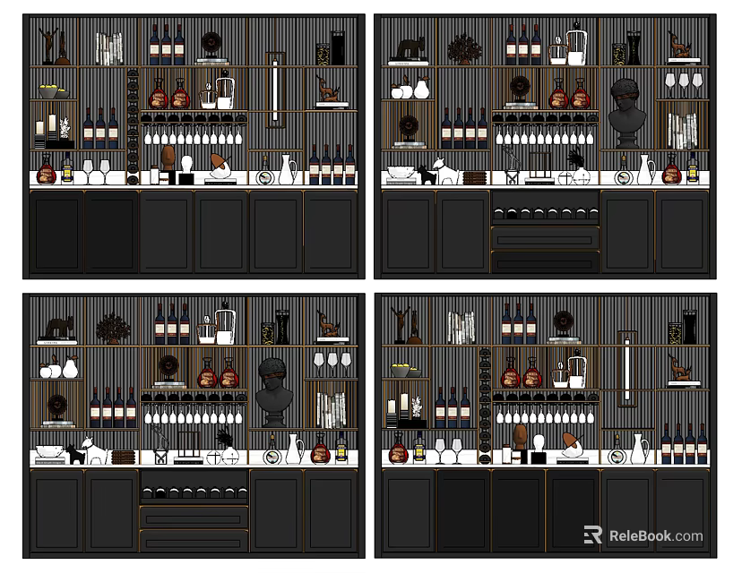 Elegant Modern Wine Cabinet With Glass Doors Shelves And Wine Bottles 3d model 