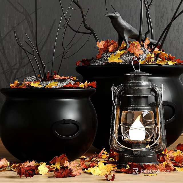 Vintage Candle Lantern in Autumn Decorative Scene with Black Cauldrons and Fall Leaves 3d model 