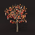 Window Display Decoration With Decorative Tree Orange Fruits And Red Hanging Ornaments