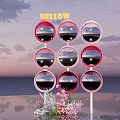Yellow Hello Lettering With Circular Pink Framed Mirrors Flowers And Sunset Reflection