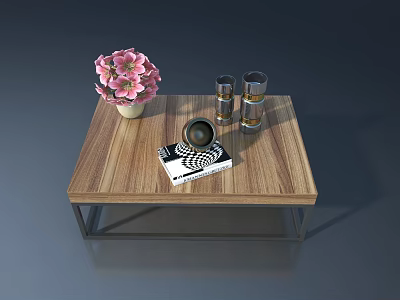 Wooden Coffee Table With Pink Flowers Metal Cups And Patterned Book 3d model