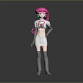 3D Character Model With Pink Hair White Outfit Red R Logo Earrings Gray Gloves Stockings
