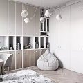 Stylish Kids Room with Patterned Bedspread Striped Wall Blinds Round Pendant Lights Desk Gray Chair 3d model
