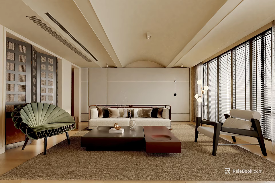 Modern Living Room Interior Design With Sofa Coffee Table And Large Windows Rug 3d model 