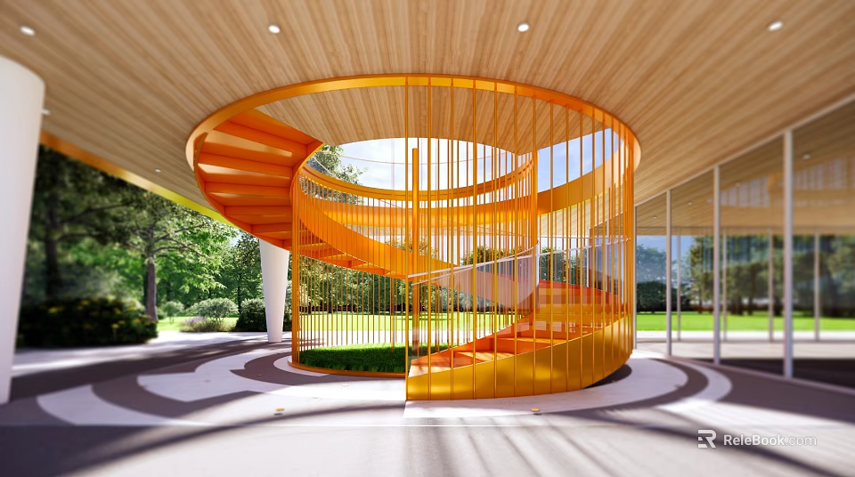 Bright Orange Spiral Staircase With Metal Frame And Wooden Ceiling In Modern Building 3d model 