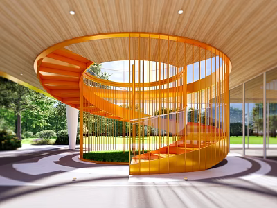 Bright Orange Spiral Staircase With Metal Frame And Wooden Ceiling In Modern Building 3d model