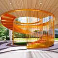 Bright Orange Spiral Staircase With Metal Frame And Wooden Ceiling In Modern Building