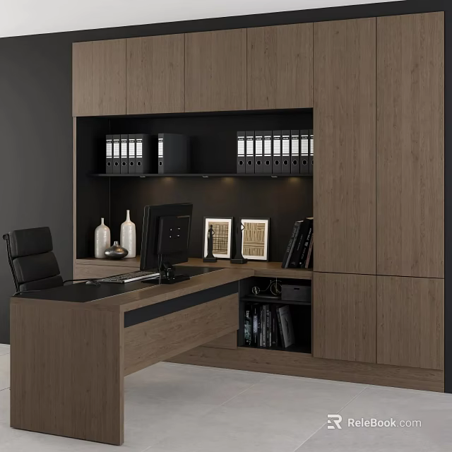 Wooden Office Desk And Chair In Modern Office With Bookshelf File Folders And Books 3d model 