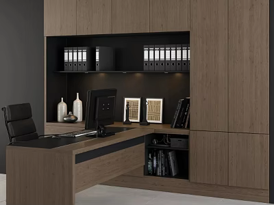 Wooden Office Desk And Chair In Modern Office With Bookshelf File Folders And Books 3d model