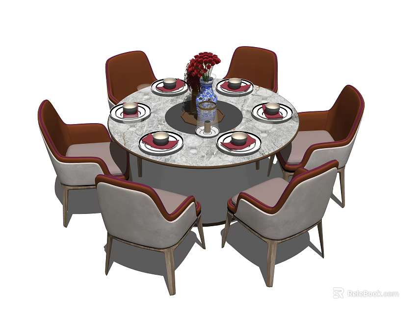 Modern Round Marble Dining Table Set With Six Chairs Tableware And Red Flower Vase 3d model