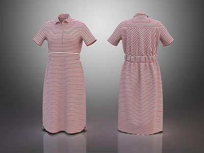 Red And White Striped Collared Short Sleeve Dress With Waist Cinched Detail And Long Length 3d model