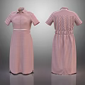Red And White Striped Collared Short Sleeve Dress With Waist Cinched Detail And Long Length