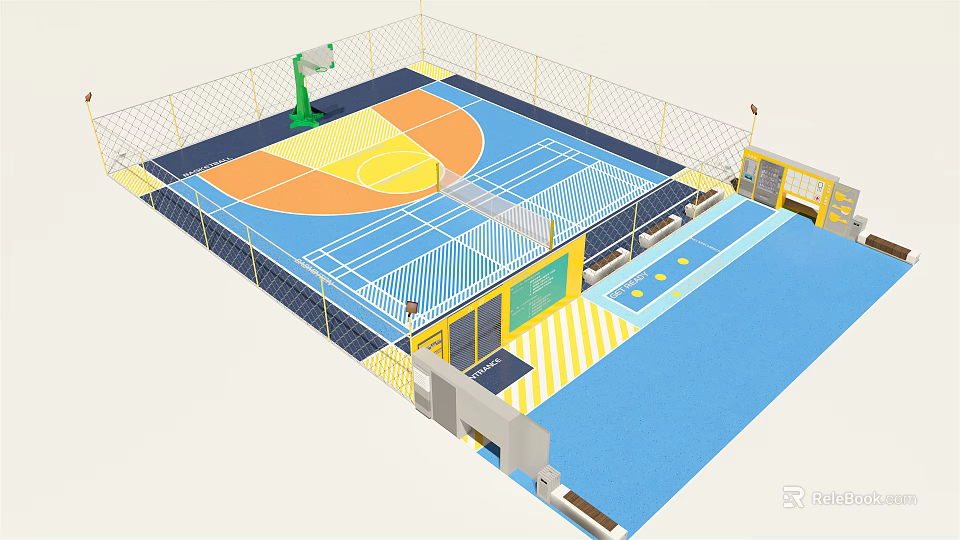 Basketball Gym Interior With Blue Orange Yellow Court Flooring And Fencing Hoop 3d model 