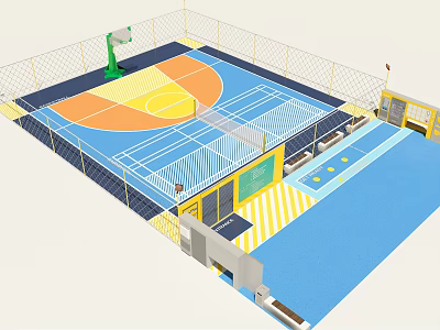 Basketball Gym Interior With Blue Orange Yellow Court Flooring And Fencing Hoop 3d model