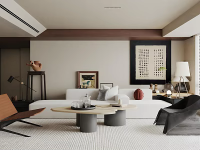 Modern Living Room Interior Design With White Sofa Round Coffee Table Accent Chairs And Wall Art 3d model