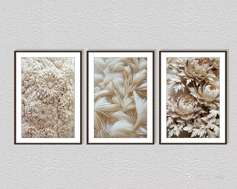 Framed Botanical Plant Paintings With Chrysanthemum Leaves Peony And Beige Textured Wall Art 3d model 