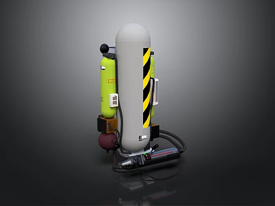 Industrial Cylindrical Device With Yellow Black Stripes Yellow Canister Black Hoses And Red Component 3d model