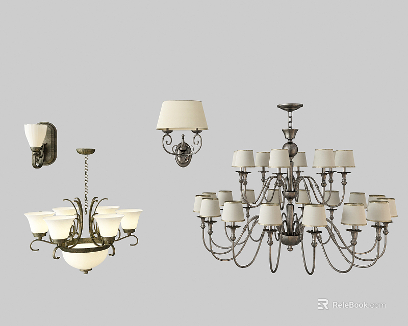 Modern Lighting Fixture Combination Featuring Wall Sconce Chandelier With White Shades And Metal Frame 3d model 