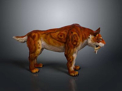 Prehistoric Animal Brown And Orange Striped Standing Open Mouth With Sharp Teeth On Gray Background 3d model