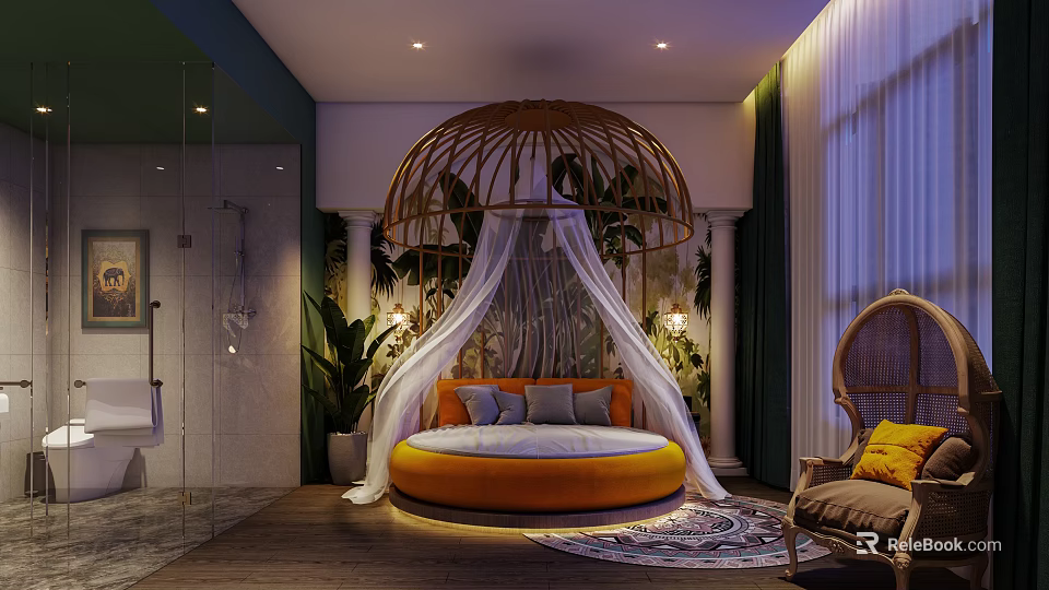 Tropical Hotel Room With Round Rattan Canopy Bed White Curtains Green Plants And Wicker Chair 3d model 