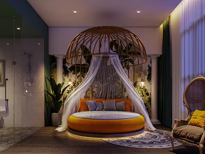 Tropical Hotel Room With Round Rattan Canopy Bed White Curtains Green Plants And Wicker Chair 3d model