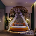Tropical Hotel Room With Round Rattan Canopy Bed White Curtains Green Plants And Wicker Chair