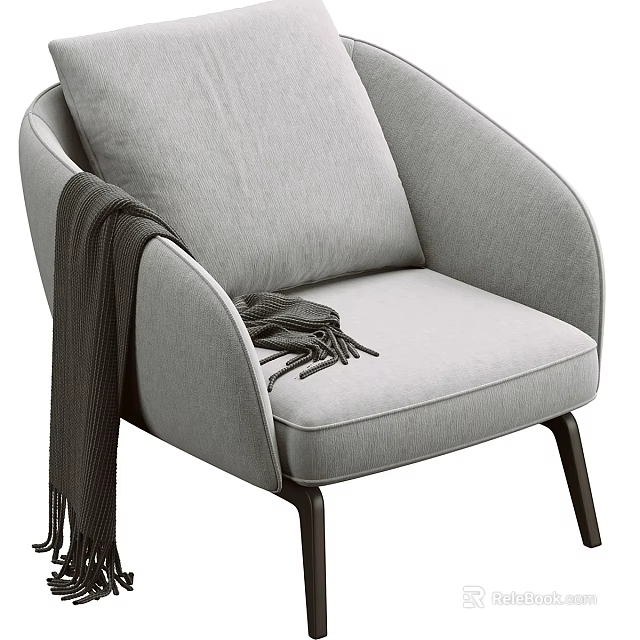 Modern Single Sofa Light Gray Fabric with Curved Armrests Dark Wooden Legs and Tassel Blanket 3d model 