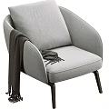 Modern Single Sofa Light Gray Fabric with Curved Armrests Dark Wooden Legs and Tassel Blanket
