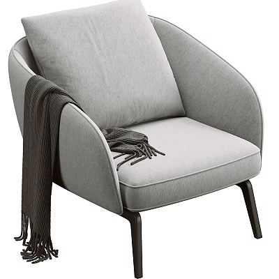 Modern Single Sofa Light Gray Fabric with Curved Armrests Dark Wooden Legs and Tassel Blanket 3d model